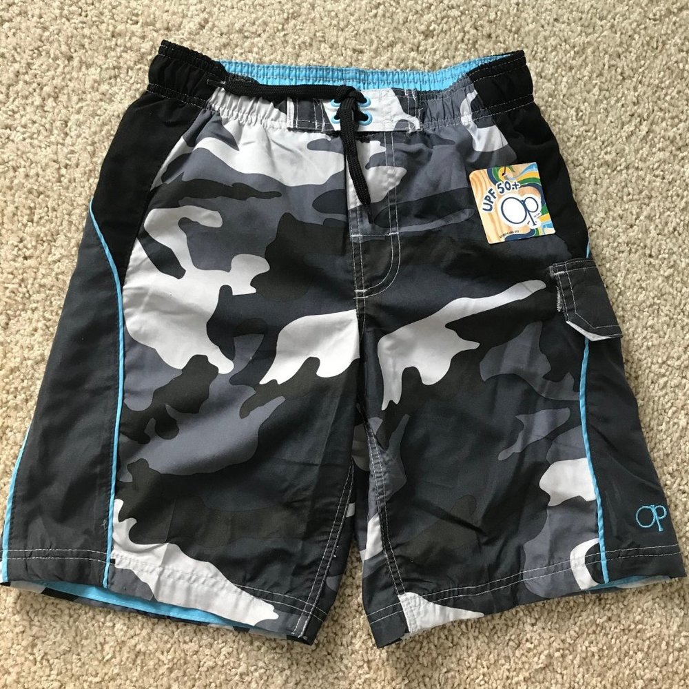 Boys Kids Ocean Pacific Swim Trunks New with Tags Size 6-7 Color Black/Gray
